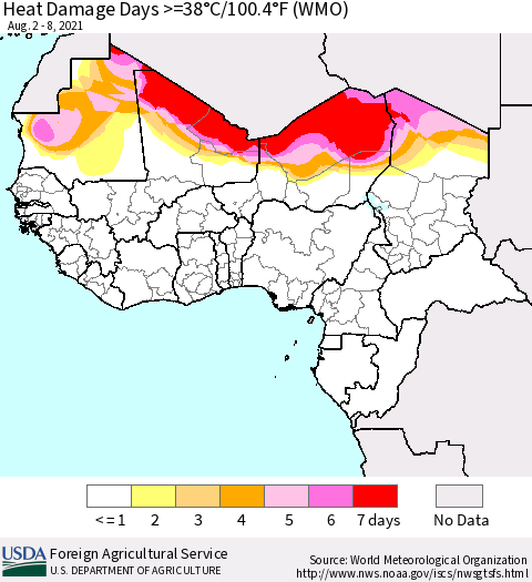 Western Africa Heat Damage Days >=38°C/100°F (WMO) Thematic Map For 8/2/2021 - 8/8/2021