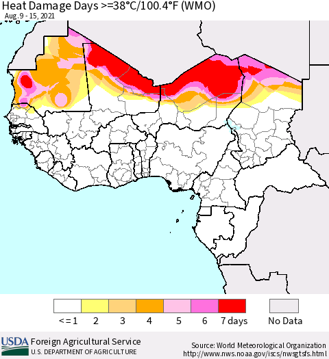 Western Africa Heat Damage Days >=38°C/100°F (WMO) Thematic Map For 8/9/2021 - 8/15/2021