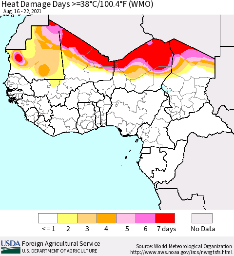 Western Africa Heat Damage Days >=38°C/100°F (WMO) Thematic Map For 8/16/2021 - 8/22/2021
