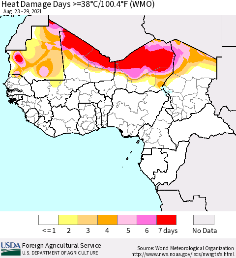 Western Africa Heat Damage Days >=38°C/100°F (WMO) Thematic Map For 8/23/2021 - 8/29/2021