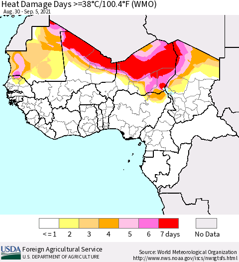 Western Africa Heat Damage Days >=38°C/100°F (WMO) Thematic Map For 8/30/2021 - 9/5/2021