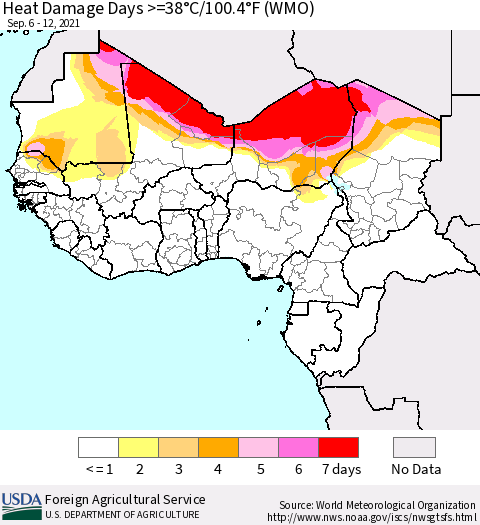 Western Africa Heat Damage Days >=38°C/100°F (WMO) Thematic Map For 9/6/2021 - 9/12/2021