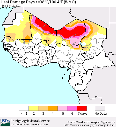 Western Africa Heat Damage Days >=38°C/100°F (WMO) Thematic Map For 9/13/2021 - 9/19/2021