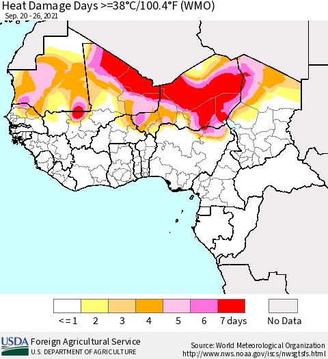 Western Africa Heat Damage Days >=38°C/100°F (WMO) Thematic Map For 9/20/2021 - 9/26/2021