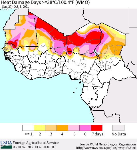 Western Africa Heat Damage Days >=38°C/100°F (WMO) Thematic Map For 9/27/2021 - 10/3/2021