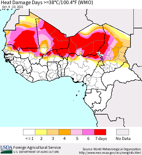 Western Africa Heat Damage Days >=38°C/100°F (WMO) Thematic Map For 10/4/2021 - 10/10/2021
