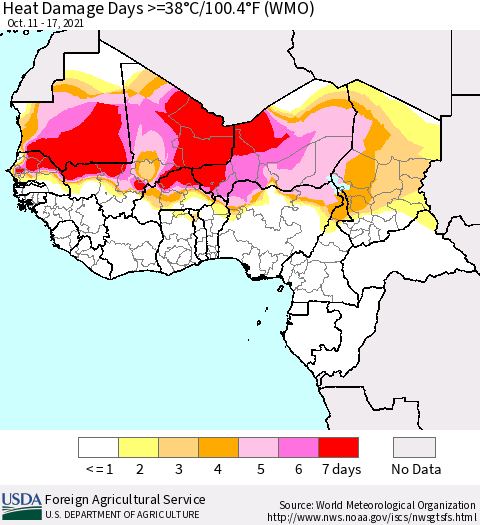 Western Africa Heat Damage Days >=38°C/100°F (WMO) Thematic Map For 10/11/2021 - 10/17/2021