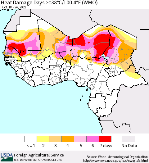 Western Africa Heat Damage Days >=38°C/100°F (WMO) Thematic Map For 10/18/2021 - 10/24/2021
