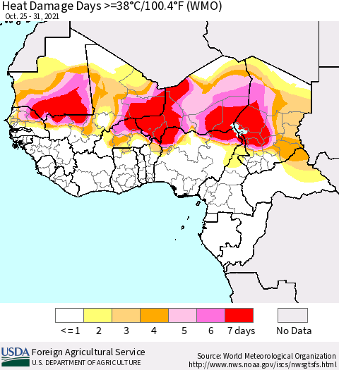 Western Africa Heat Damage Days >=38°C/100°F (WMO) Thematic Map For 10/25/2021 - 10/31/2021