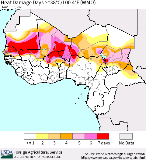 Western Africa Heat Damage Days >=38°C/100°F (WMO) Thematic Map For 11/1/2021 - 11/7/2021