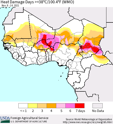 Western Africa Heat Damage Days >=38°C/100°F (WMO) Thematic Map For 11/8/2021 - 11/14/2021