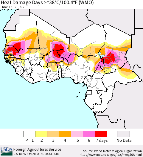 Western Africa Heat Damage Days >=38°C/100°F (WMO) Thematic Map For 11/15/2021 - 11/21/2021