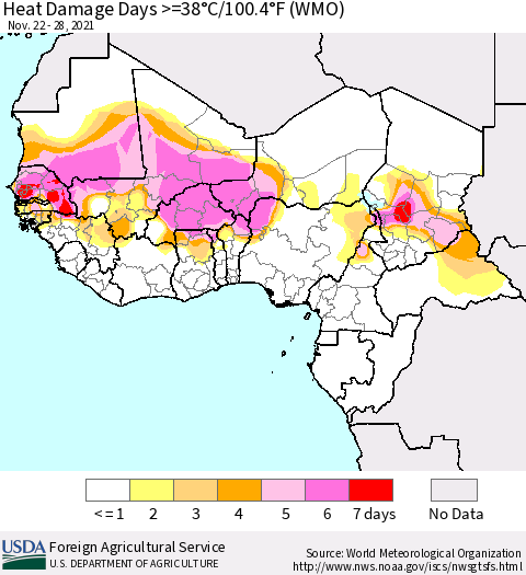 Western Africa Heat Damage Days >=38°C/100°F (WMO) Thematic Map For 11/22/2021 - 11/28/2021