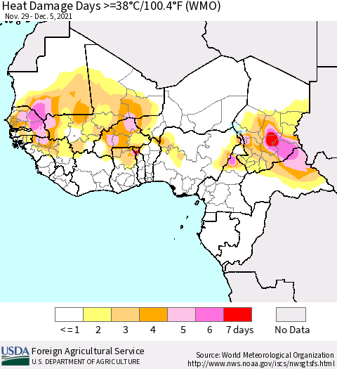 Western Africa Heat Damage Days >=38°C/100°F (WMO) Thematic Map For 11/29/2021 - 12/5/2021