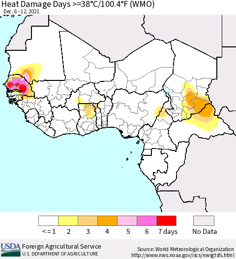Western Africa Heat Damage Days >=38°C/100°F (WMO) Thematic Map For 12/6/2021 - 12/12/2021
