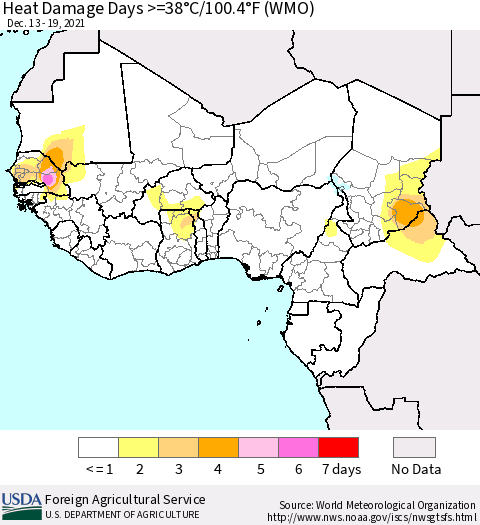 Western Africa Heat Damage Days >=38°C/100°F (WMO) Thematic Map For 12/13/2021 - 12/19/2021