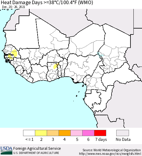 Western Africa Heat Damage Days >=38°C/100°F (WMO) Thematic Map For 12/20/2021 - 12/26/2021
