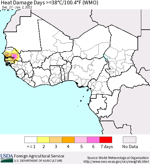Western Africa Heat Damage Days >=38°C/100°F (WMO) Thematic Map For 12/27/2021 - 1/2/2022