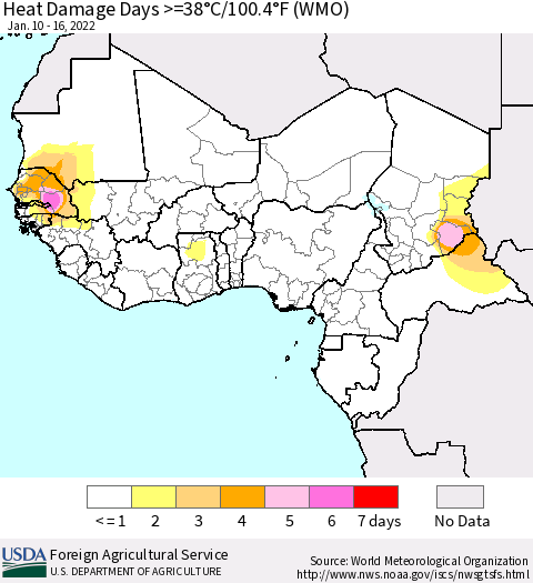 Western Africa Heat Damage Days >=38°C/100°F (WMO) Thematic Map For 1/10/2022 - 1/16/2022