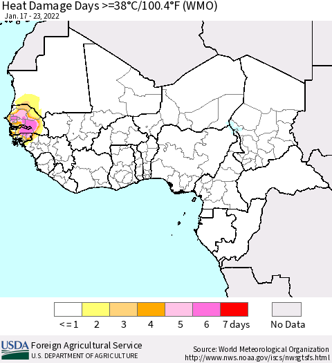 Western Africa Heat Damage Days >=38°C/100°F (WMO) Thematic Map For 1/17/2022 - 1/23/2022