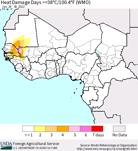 Western Africa Heat Damage Days >=38°C/100°F (WMO) Thematic Map For 1/24/2022 - 1/30/2022