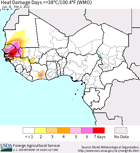 Western Africa Heat Damage Days >=38°C/100°F (WMO) Thematic Map For 1/31/2022 - 2/6/2022