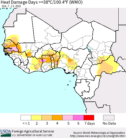Western Africa Heat Damage Days >=38°C/100°F (WMO) Thematic Map For 2/7/2022 - 2/13/2022