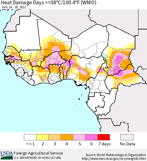 Western Africa Heat Damage Days >=38°C/100°F (WMO) Thematic Map For 2/14/2022 - 2/20/2022