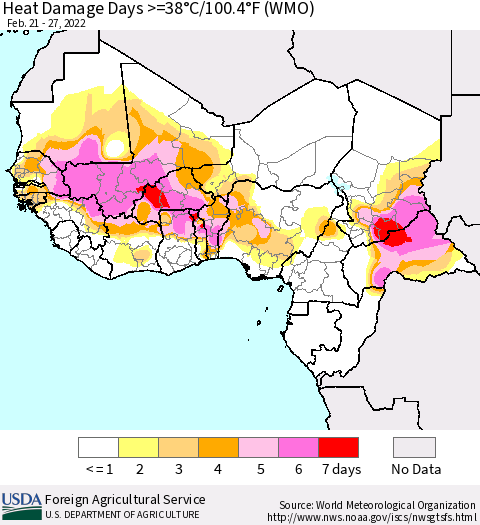 Western Africa Heat Damage Days >=38°C/100°F (WMO) Thematic Map For 2/21/2022 - 2/27/2022