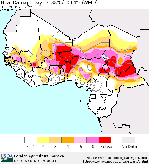 Western Africa Heat Damage Days >=38°C/100°F (WMO) Thematic Map For 2/28/2022 - 3/6/2022
