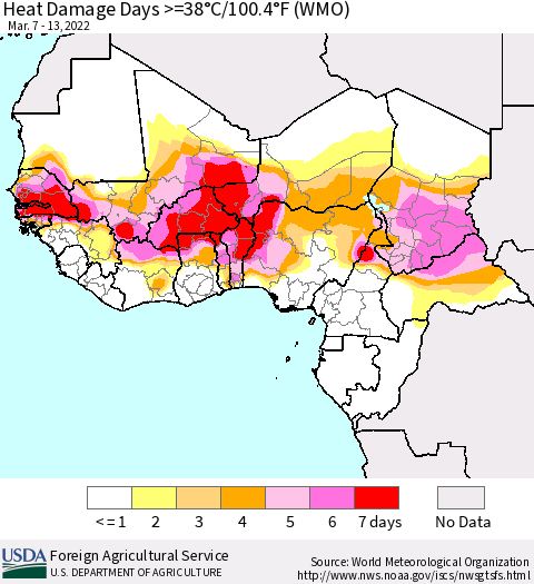 Western Africa Heat Damage Days >=38°C/100°F (WMO) Thematic Map For 3/7/2022 - 3/13/2022