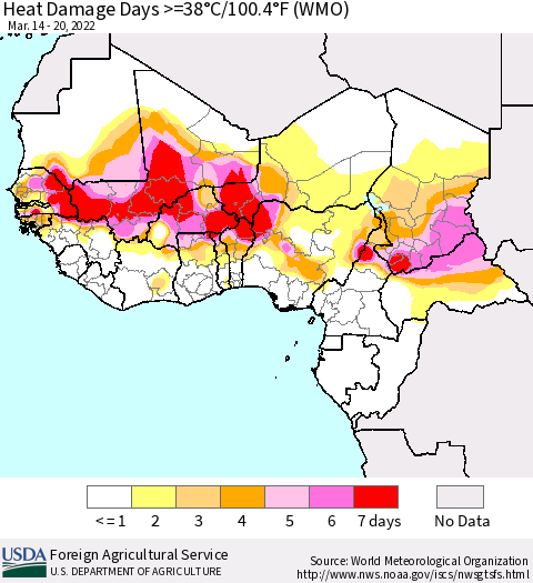 Western Africa Heat Damage Days >=38°C/100°F (WMO) Thematic Map For 3/14/2022 - 3/20/2022