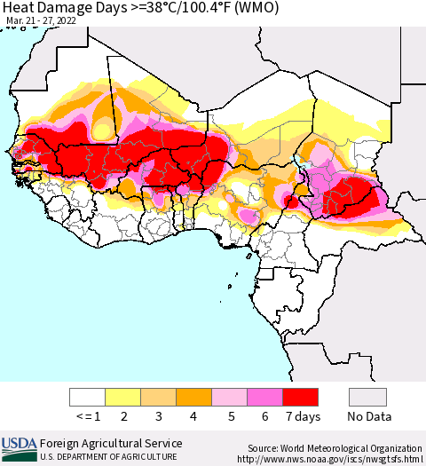 Western Africa Heat Damage Days >=38°C/100°F (WMO) Thematic Map For 3/21/2022 - 3/27/2022