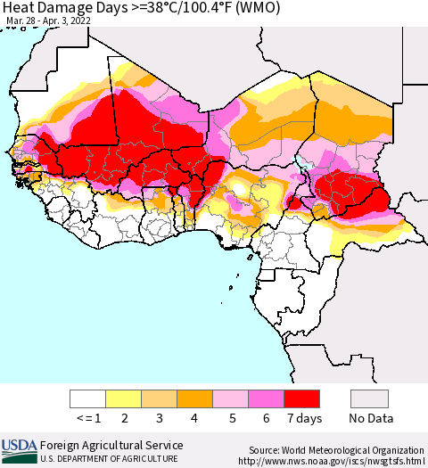 Western Africa Heat Damage Days >=38°C/100°F (WMO) Thematic Map For 3/28/2022 - 4/3/2022