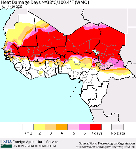 Western Africa Heat Damage Days >=38°C/100°F (WMO) Thematic Map For 4/4/2022 - 4/10/2022
