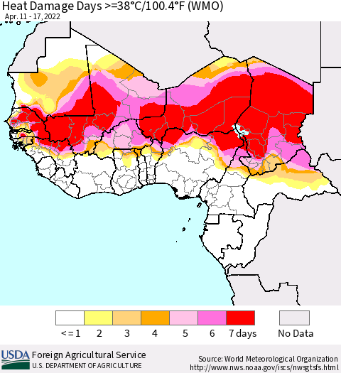 Western Africa Heat Damage Days >=38°C/100°F (WMO) Thematic Map For 4/11/2022 - 4/17/2022