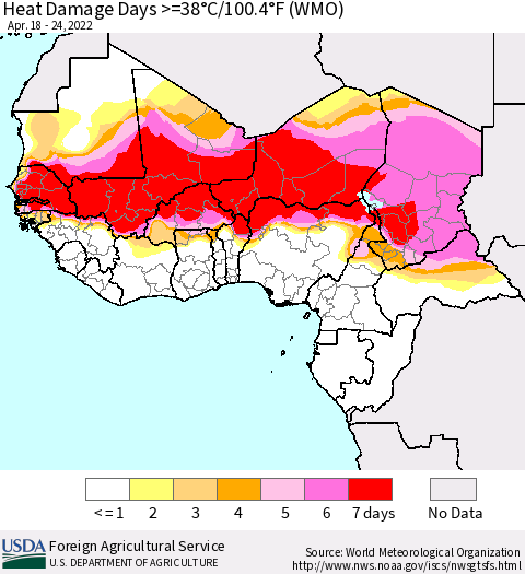 Western Africa Heat Damage Days >=38°C/100°F (WMO) Thematic Map For 4/18/2022 - 4/24/2022