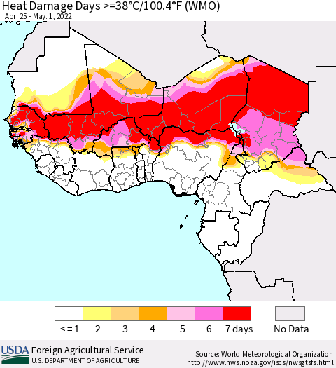 Western Africa Heat Damage Days >=38°C/100°F (WMO) Thematic Map For 4/25/2022 - 5/1/2022