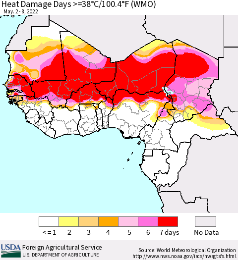 Western Africa Heat Damage Days >=38°C/100°F (WMO) Thematic Map For 5/2/2022 - 5/8/2022