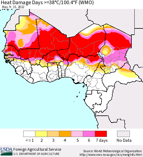Western Africa Heat Damage Days >=38°C/100°F (WMO) Thematic Map For 5/9/2022 - 5/15/2022