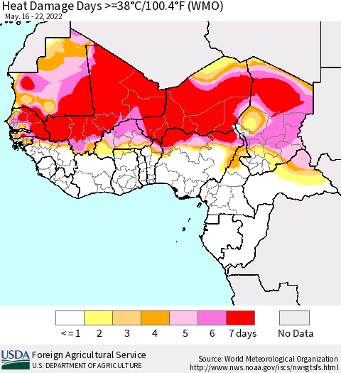 Western Africa Heat Damage Days >=38°C/100°F (WMO) Thematic Map For 5/16/2022 - 5/22/2022