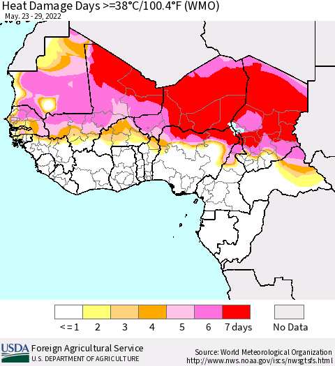 Western Africa Heat Damage Days >=38°C/100°F (WMO) Thematic Map For 5/23/2022 - 5/29/2022