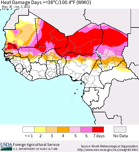 Western Africa Heat Damage Days >=38°C/100°F (WMO) Thematic Map For 5/30/2022 - 6/5/2022