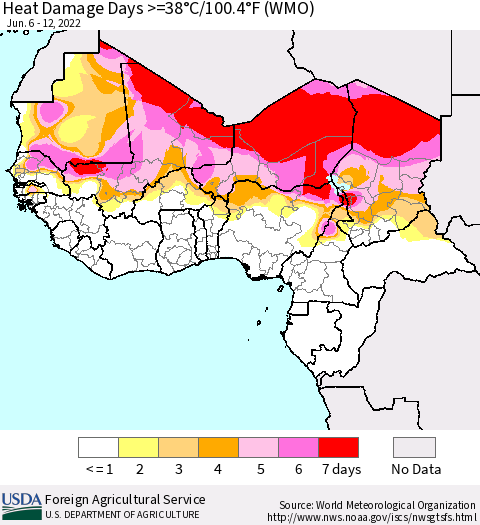 Western Africa Heat Damage Days >=38°C/100°F (WMO) Thematic Map For 6/6/2022 - 6/12/2022