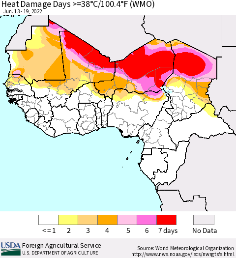Western Africa Heat Damage Days >=38°C/100°F (WMO) Thematic Map For 6/13/2022 - 6/19/2022