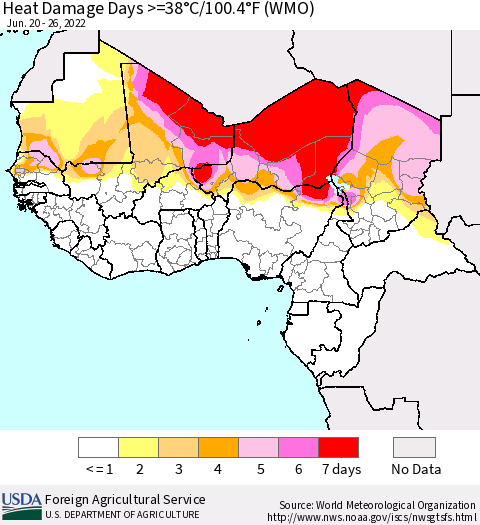 Western Africa Heat Damage Days >=38°C/100°F (WMO) Thematic Map For 6/20/2022 - 6/26/2022