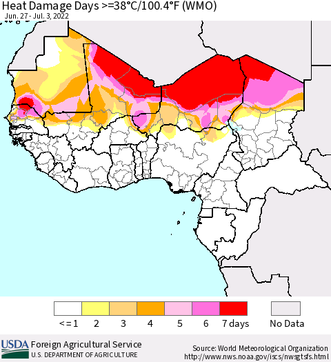 Western Africa Heat Damage Days >=38°C/100°F (WMO) Thematic Map For 6/27/2022 - 7/3/2022