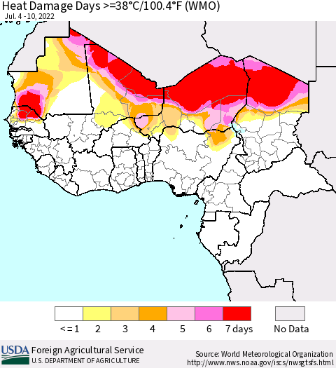 Western Africa Heat Damage Days >=38°C/100°F (WMO) Thematic Map For 7/4/2022 - 7/10/2022