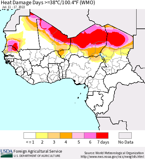 Western Africa Heat Damage Days >=38°C/100°F (WMO) Thematic Map For 7/11/2022 - 7/17/2022