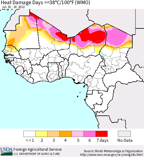 Western Africa Heat Damage Days >=38°C/100°F (WMO) Thematic Map For 7/18/2022 - 7/24/2022